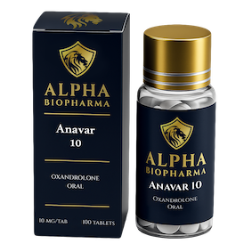 Vooraanzicht van Anavar supplement – potje en verpakking van Alpha BioPharma.